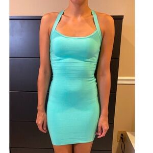 Aqua Bodycon Bandage Style Dress w/ Cage Back Design, Stretch Material Size XS